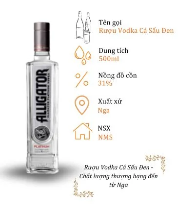 Rượu Vodka Cá Sấu Đen - Chai 500ml 31% (Bottle Alligator Platinum)