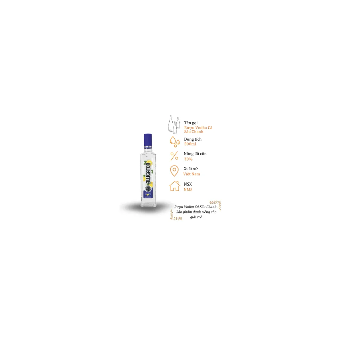 Rượu Vodka Cá Sấu Chanh - Chai 500ml 30% (Bottle Vodka Ca Sau Chanh)