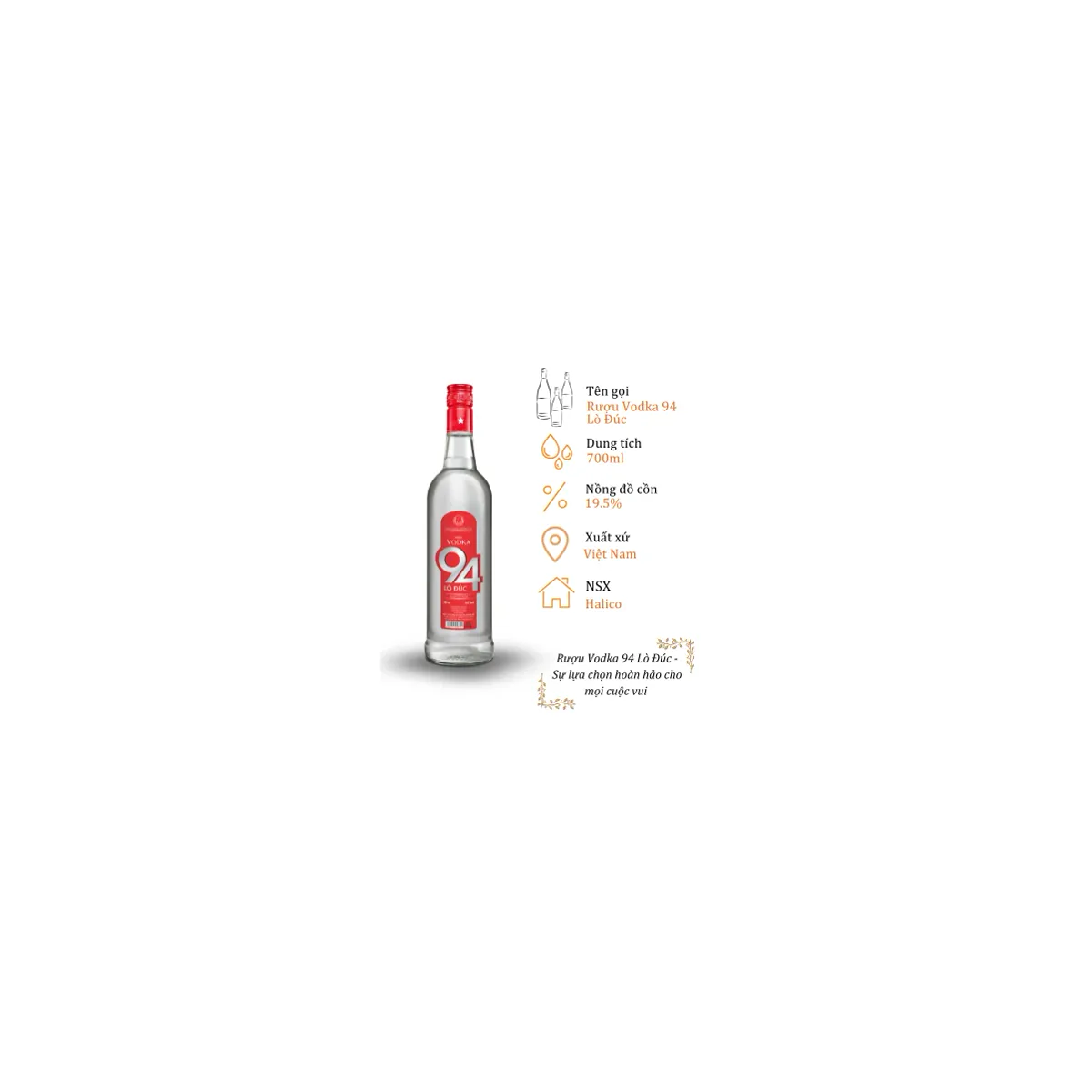 Rượu Vodka 94 Lò Đúc - Chai 700ml 19.5% (Bottle Vodka 94 Lo Duc)
