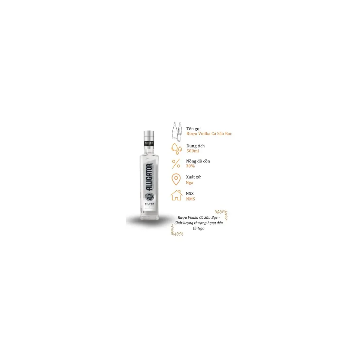 Rượu Vodka Cá Sấu Bạc - Chai 500ml 30% (Bottle Vodka Ca Sau Bac)