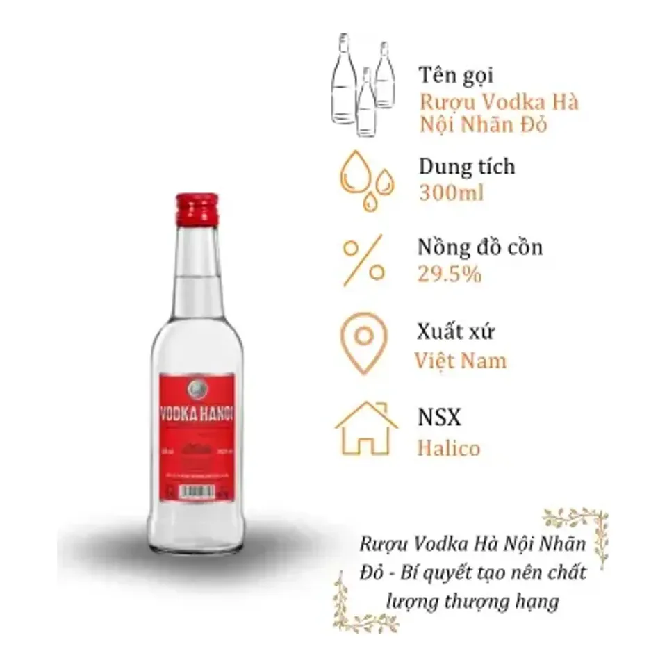 Rượu Vodka Hà Nội Nhãn Đỏ - Chai 300ml 29.5% (Bottle Vodka Ha Noi)