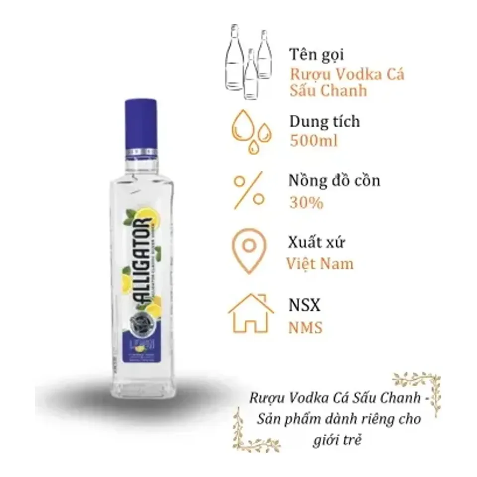 Rượu Vodka Cá Sấu Chanh - Chai 500ml 30% (Bottle Vodka Ca Sau Chanh)