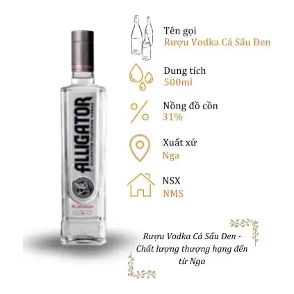 Rượu Vodka Cá Sấu Đen - Chai 500ml 31% (Bottle Alligator Platinum)