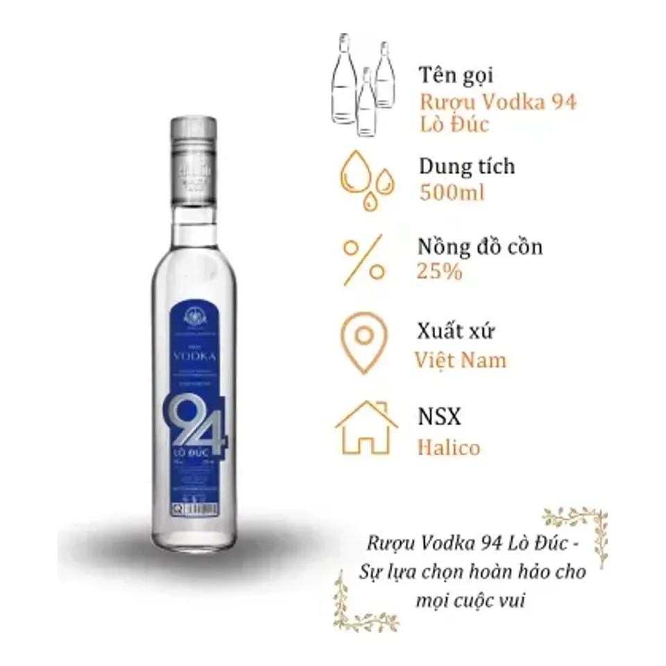 Rượu Vodka 94 Lò Đúc - Chai 500ml 25% (Bottle Vodka 94 Lo Duc)