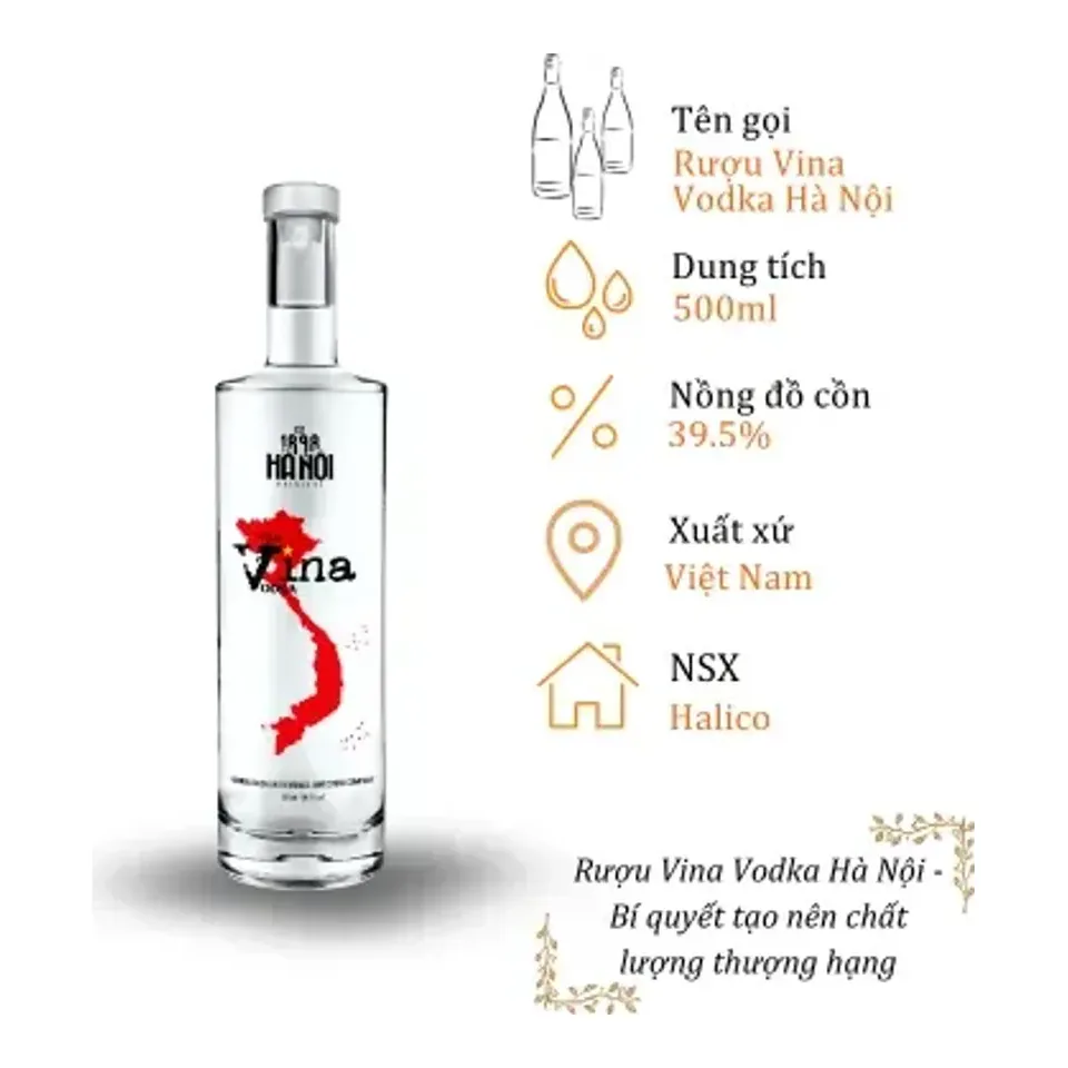 Rượu Vina Vodka Hà Nội - Chai 500ml 39.5% (Bottle Vina Vodka Ha Noi)