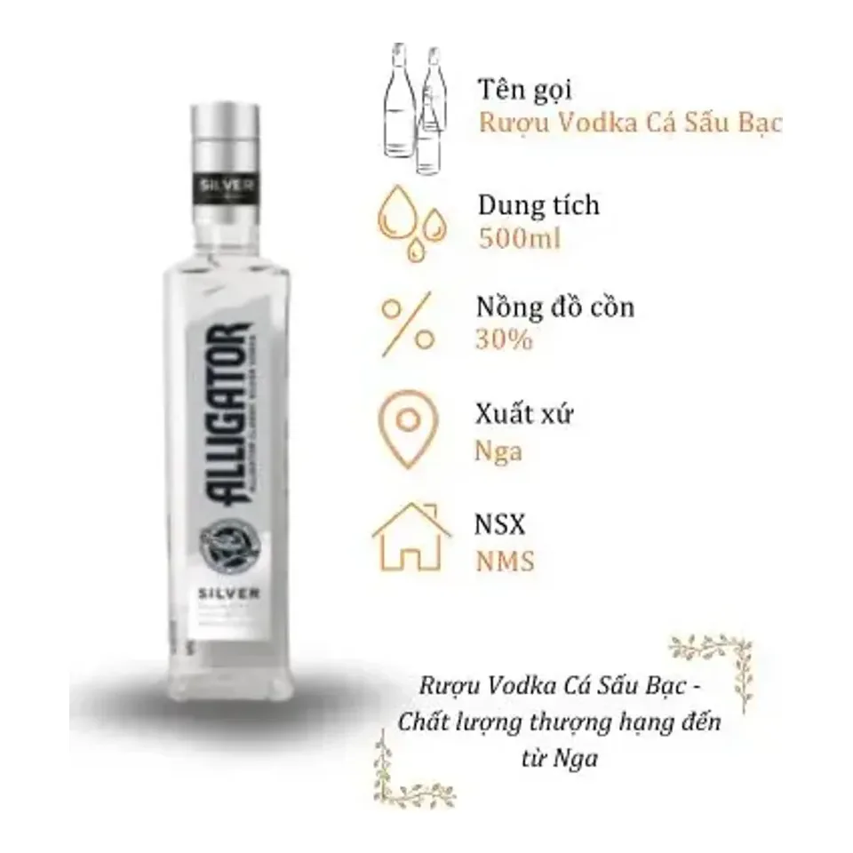 Rượu Vodka Cá Sấu Bạc - Chai 500ml 30% (Bottle Vodka Ca Sau Bac)